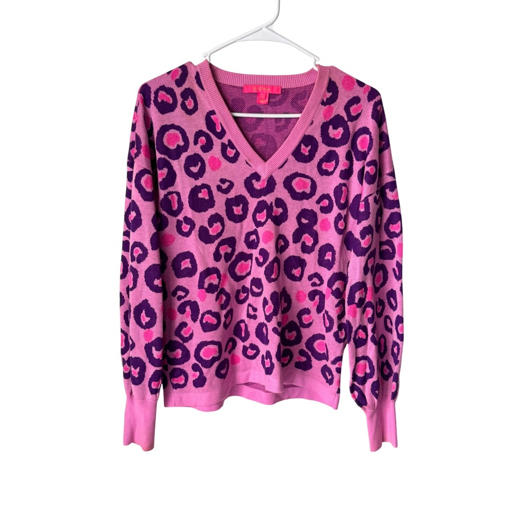 Lilly Pulitzer Pink Purple Leopard Animal Print V-Neck Sweater Small
